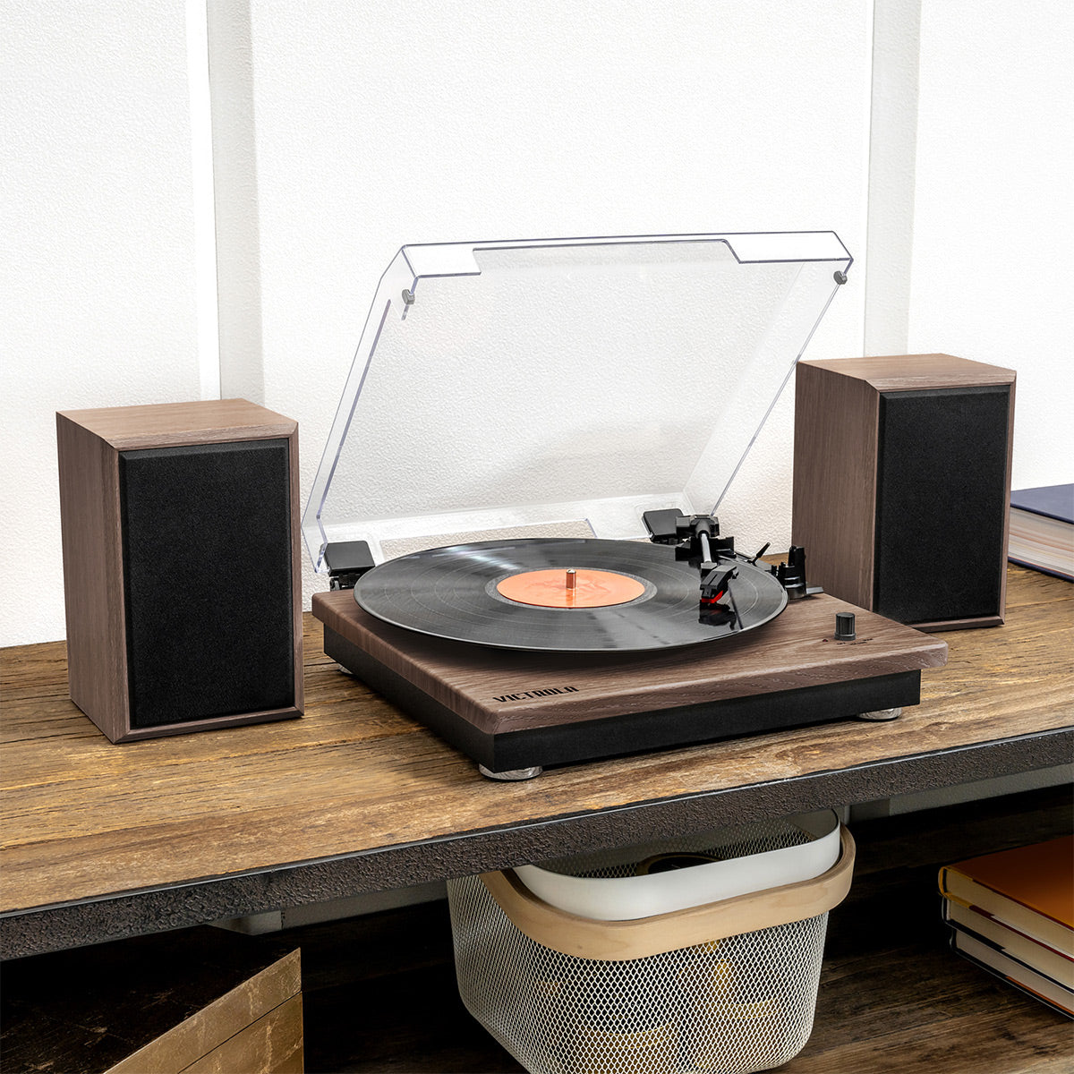 Montauk Bluetooth Turntable System with Bookshelf Speakers (Farmhouse Walnut)