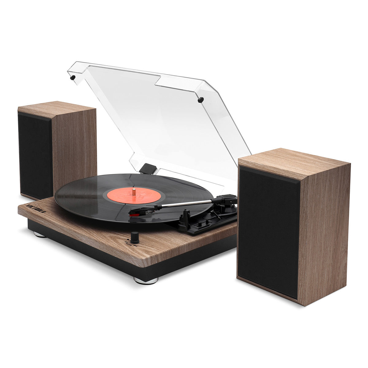 Montauk Bluetooth Turntable System with Bookshelf Speakers (Farmhouse Walnut)