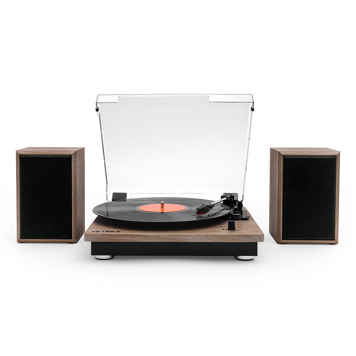 Montauk Bluetooth Turntable System with Bookshelf Speakers (Farmhouse Walnut)