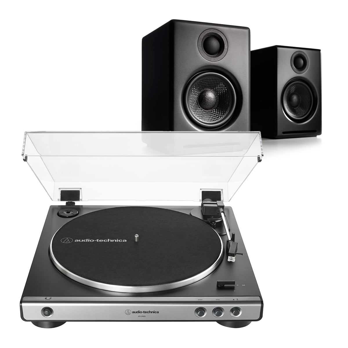 AudioengineA2+ Wireless Speaker System (Black) with Audio-Technica AT-LP60X-GM Fully Automatic Belt-Drive Stereo Turntable (Gunmetal/Black)