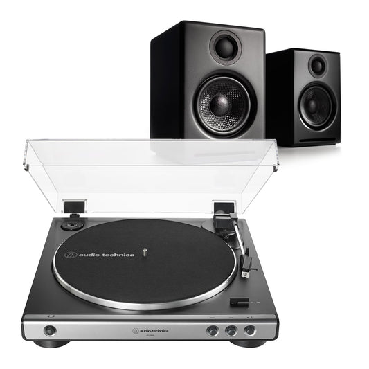 AudioengineA2+ Wireless Speaker System (Black) with Audio-Technica AT-LP60X-GM Fully Automatic Belt-Drive Stereo Turntable (Gunmetal/Black)