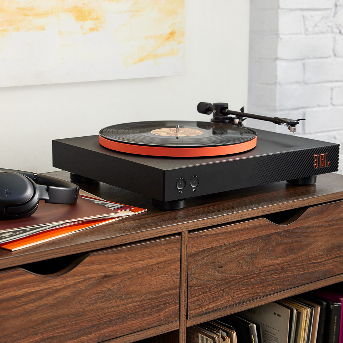 JBLSpinner BT Semi-Automatic Belt-Drive Turntable with Bluetooth 5.3 and Installed Audio Technica Cartridge (Black & Orange)